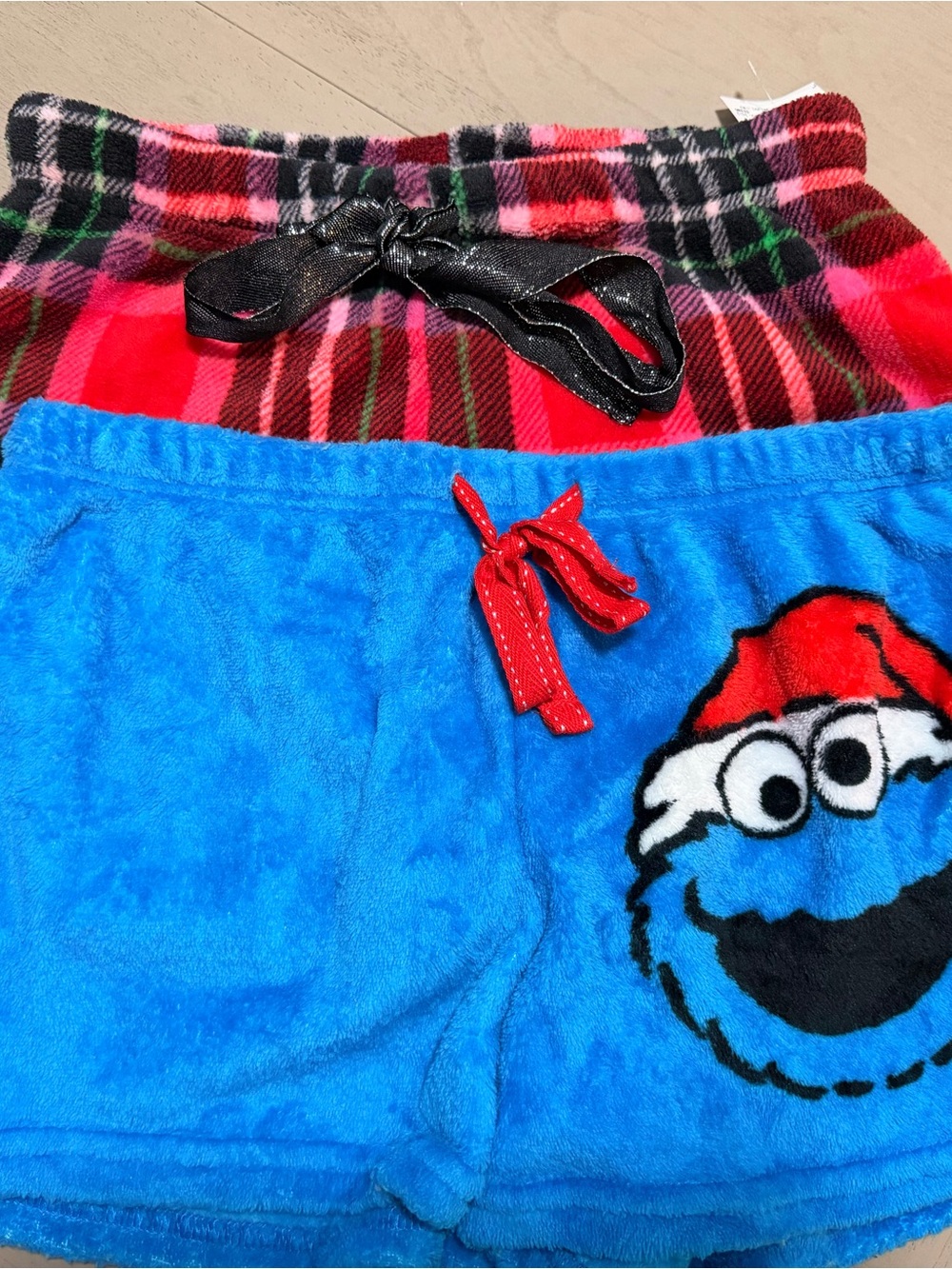 Sesame Street Blue Cookie Monster with Red Plaid Waistband Pajama Shorts